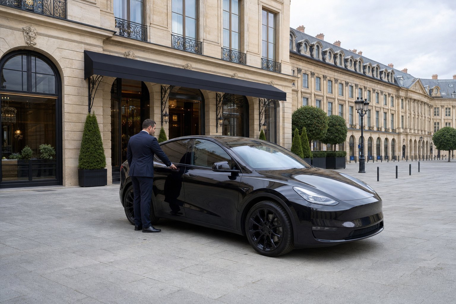 Chauffeur privé de luxe à Paris en Tesla Model Y noire devant l'entrée d'un palace parisien près de la Place Vendôme
