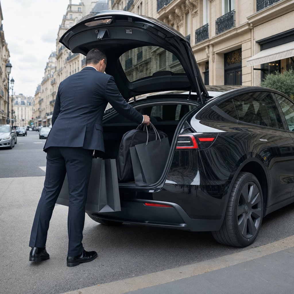 Chauffeur privé de luxe à Paris rangeant des sacs de shopping dans le coffre d'une Tesla Model Y noire sur une avenue parisienne