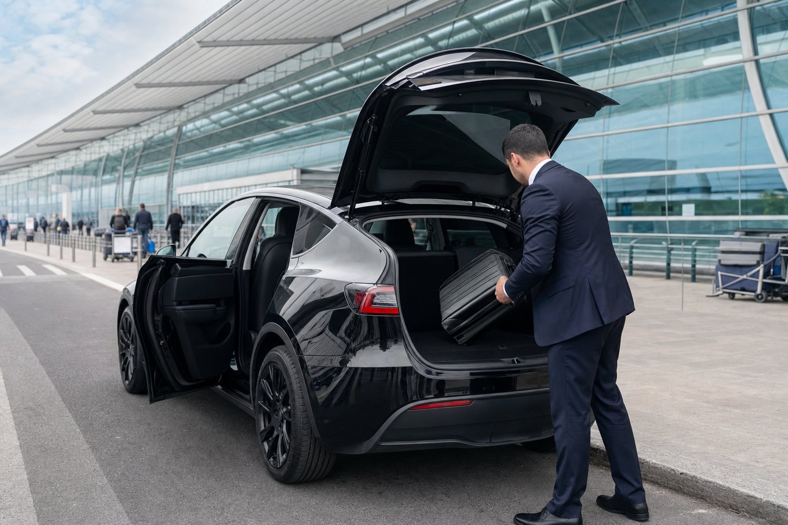VTC CDG — chauffeur privé Tesla Model Y noire devant l'aéroport Paris-Charles-de-Gaulle Roissy