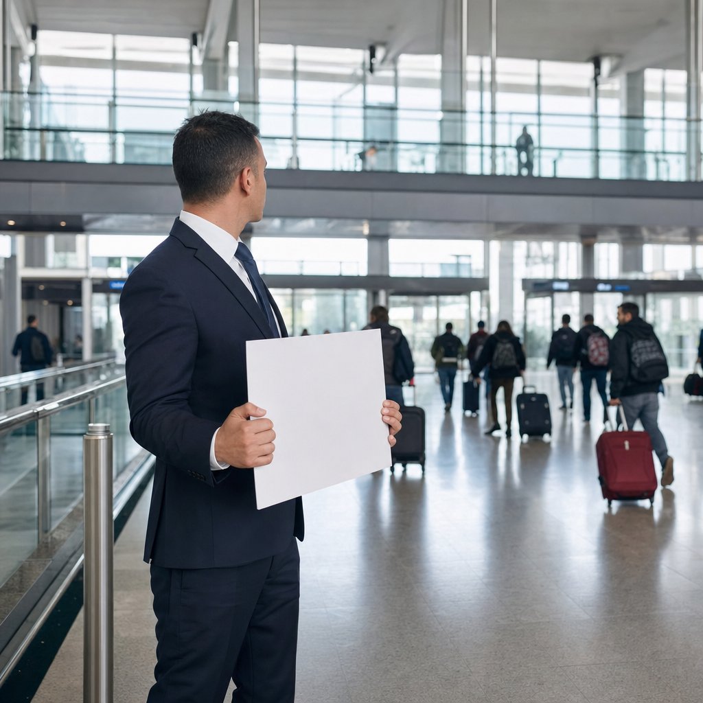 Chauffeur VTC CDG accueillant un passager avec pancarte nominative en salle d'arrivée du Terminal 2E de Roissy