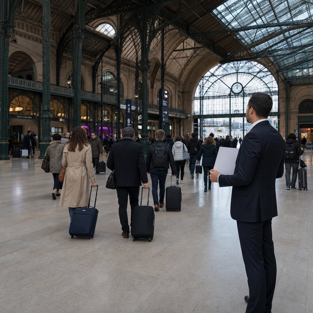 Chauffeur VTC avec pancarte nominative devant la Gare de l'Est Paris, Tesla Model Y noire