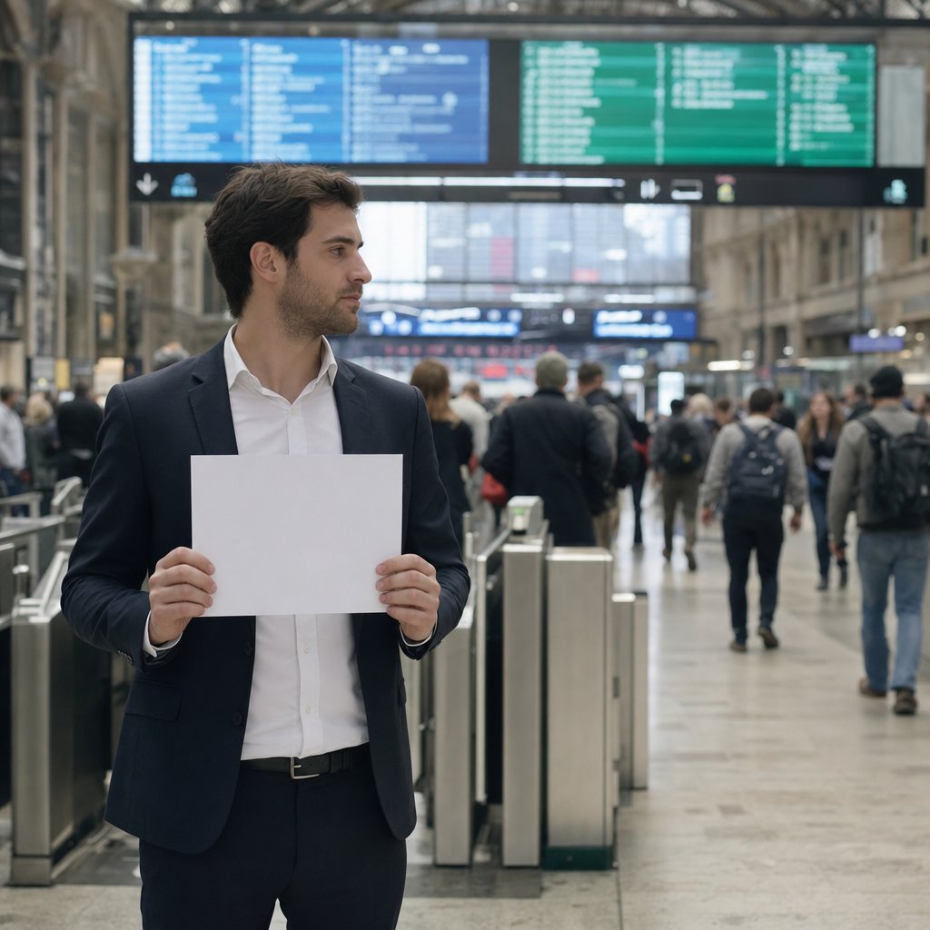 Chauffeur VTC avec pancarte nominative dans le hall de la Gare Saint-Lazare Paris