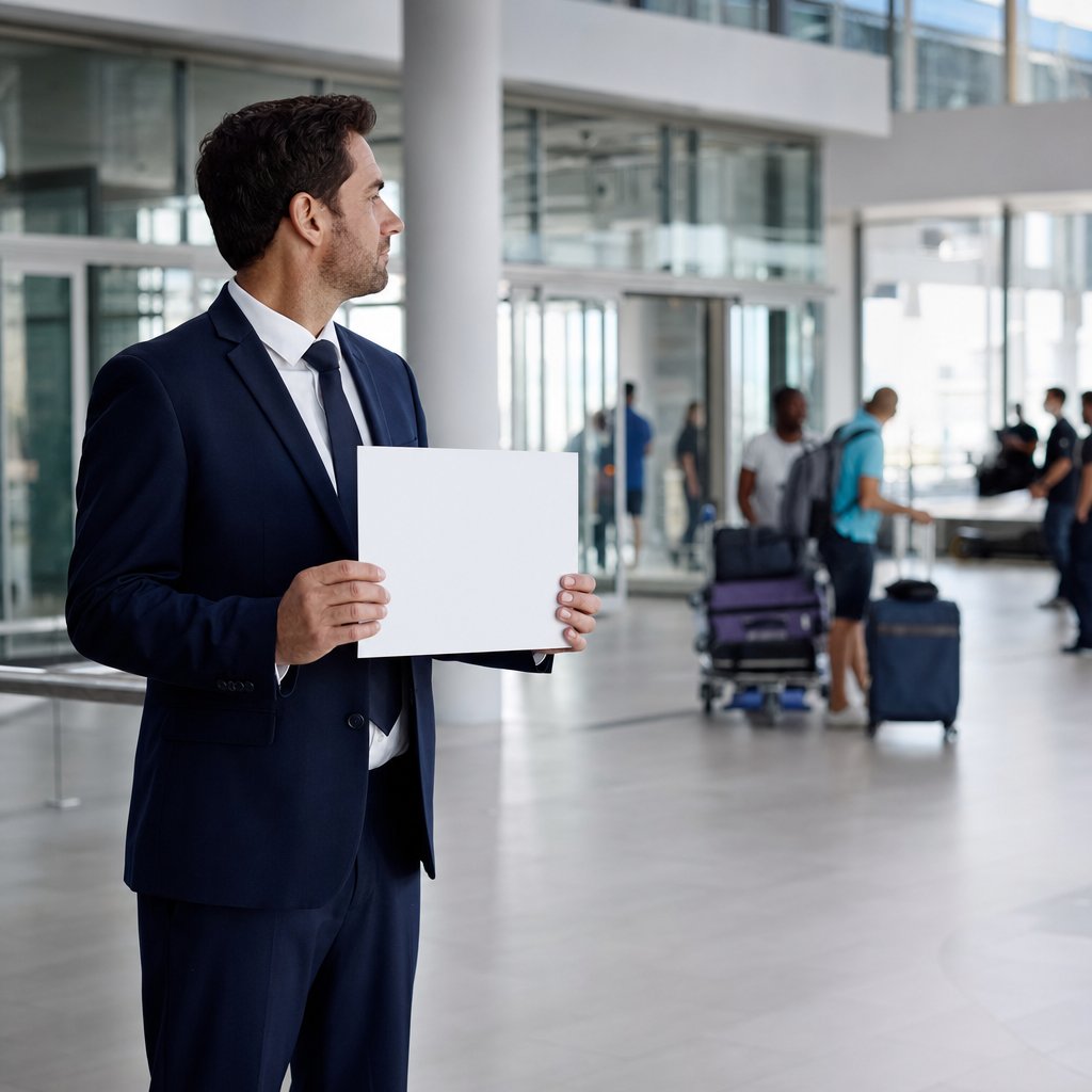 Chauffeur VTC Orly accueillant un passager avec pancarte en salle d'arrivée de l'aéroport