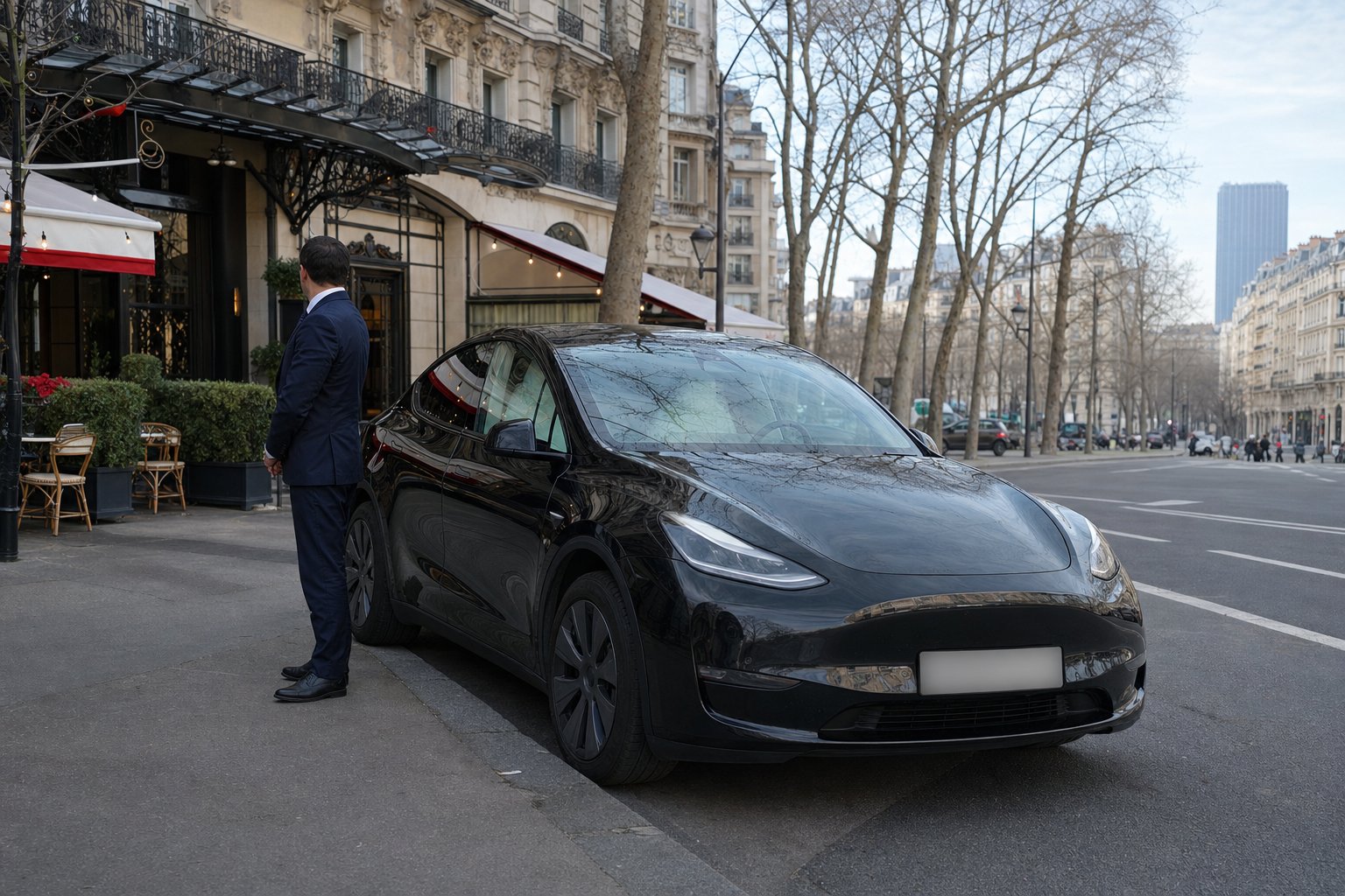 VTC Paris 14ème — chauffeur privé Tesla Model Y noire boulevard du Montparnasse
