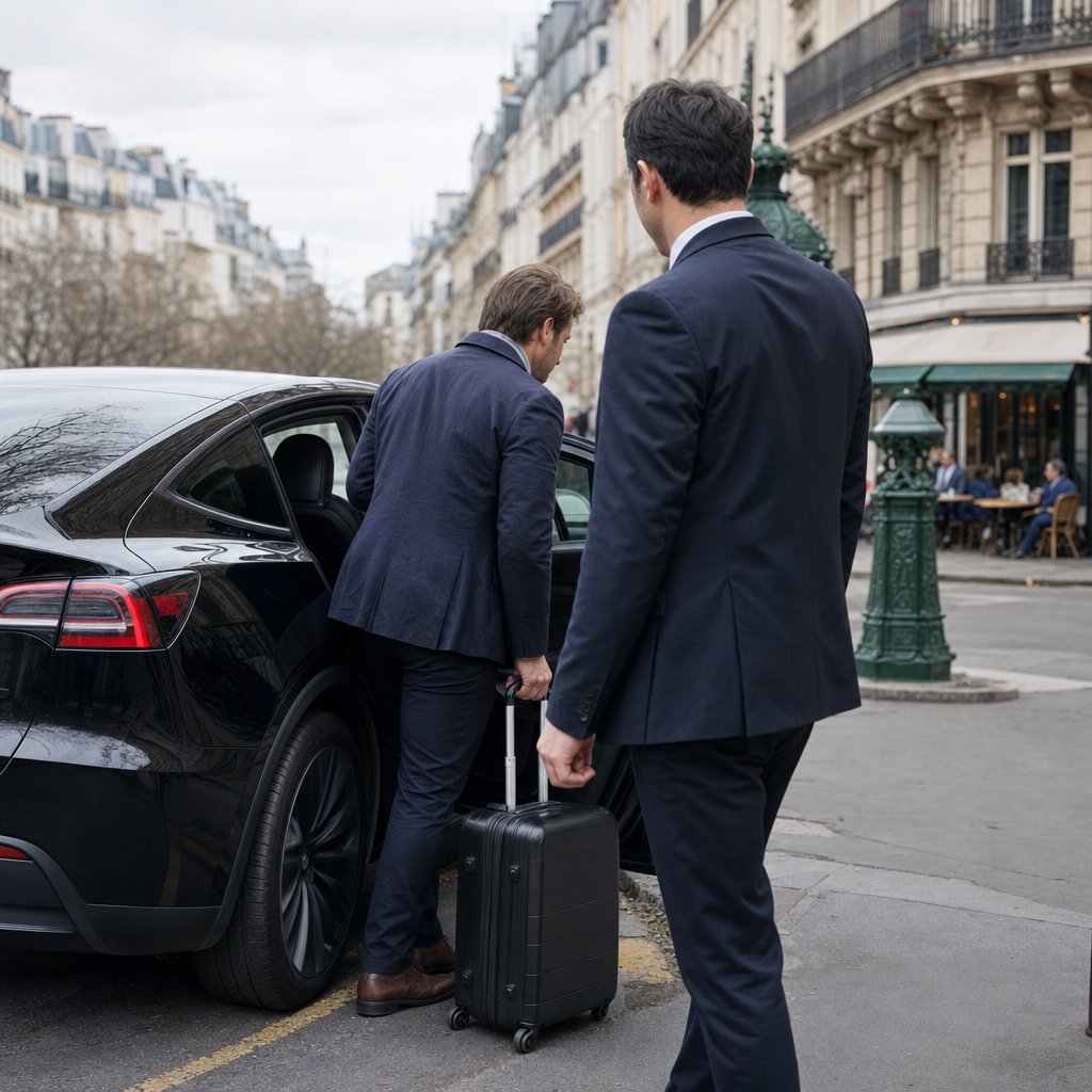 Chauffeur privé VTC Paris 14ème ouvrant la portière d'une Tesla Model Y près de Denfert-Rochereau